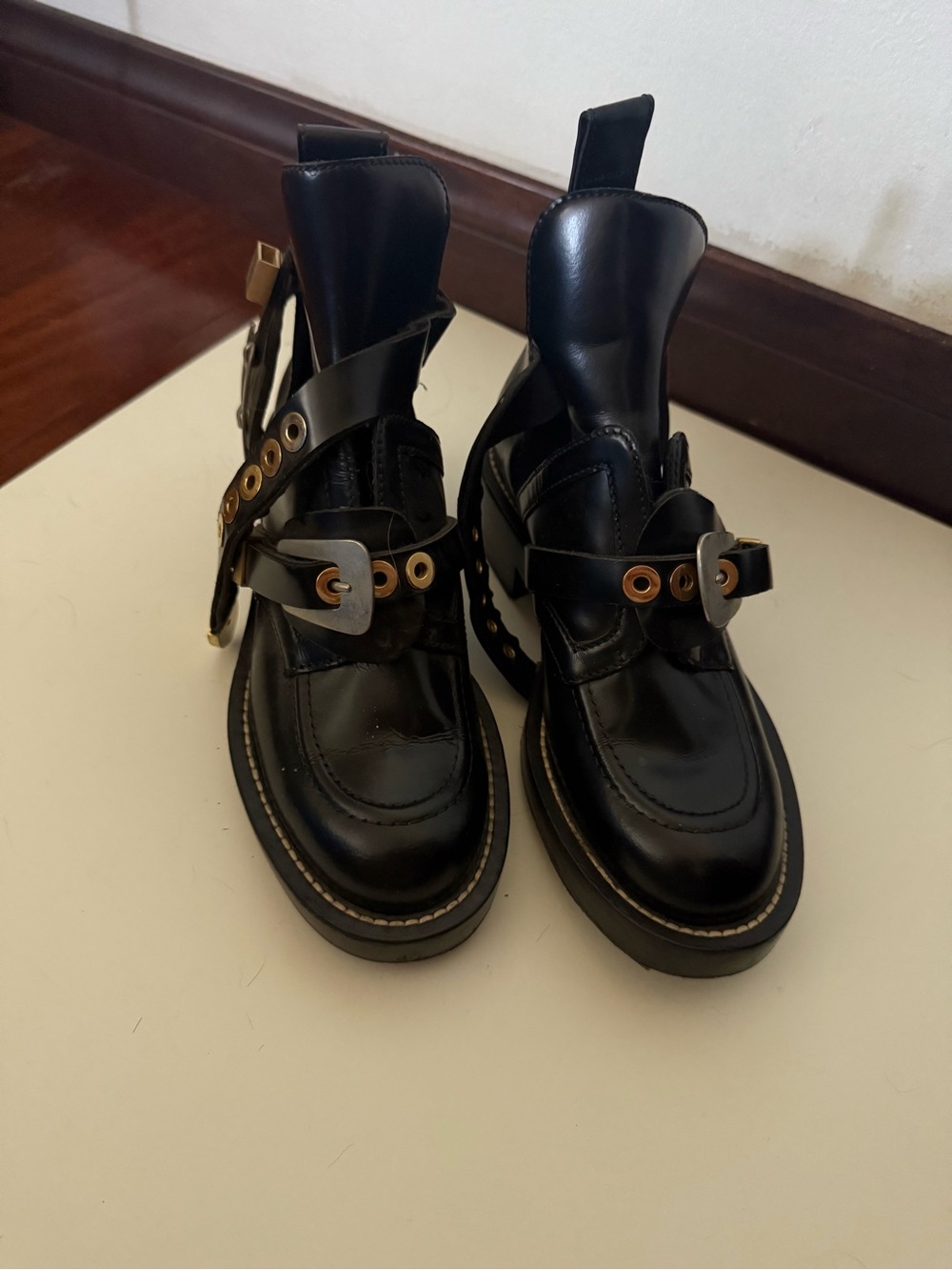 Balenciaga Black Leather Ankle Boots with Gold Hardware